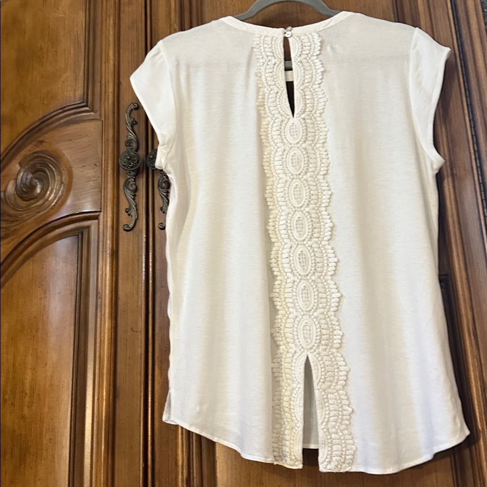 Romantic Like NEW Ivory White Pale Sky Keyhole Crochet Embroidered Lace Blouse M - Picture 7 of 12